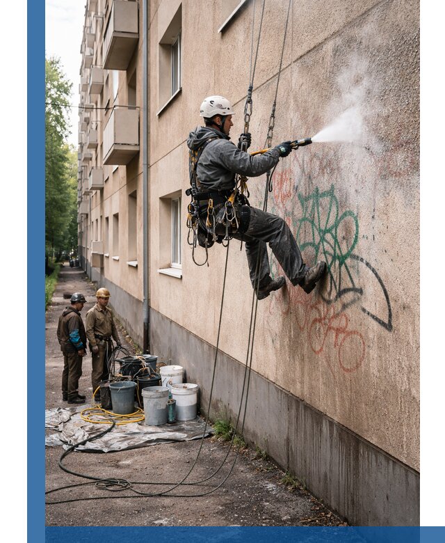 Удаление граффити с фасада в Заинске без следов и повреждений