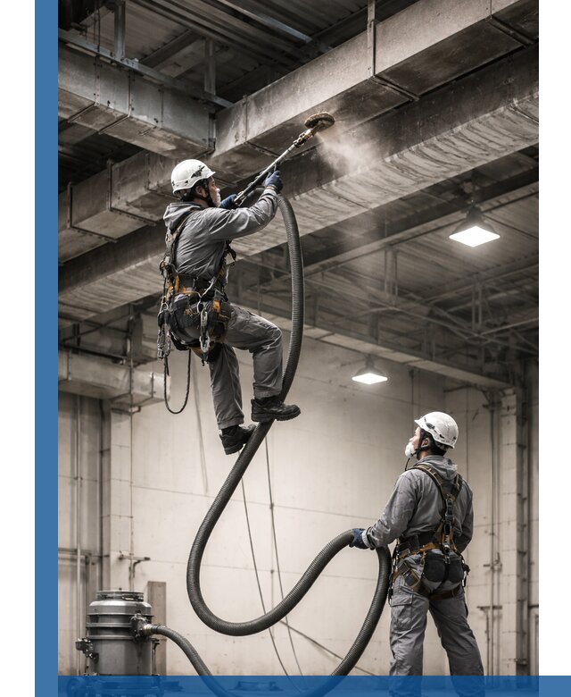 Обеспыливание потолочных конструкций в Заинске промышленным альпинизмом