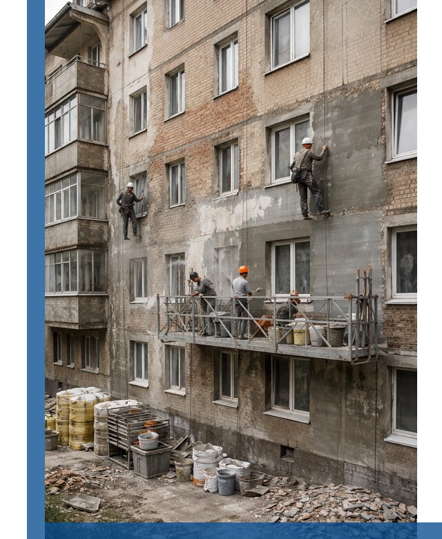 Капитальный ремонт фасада в Заинске с восстановлением и гидроизоляцией