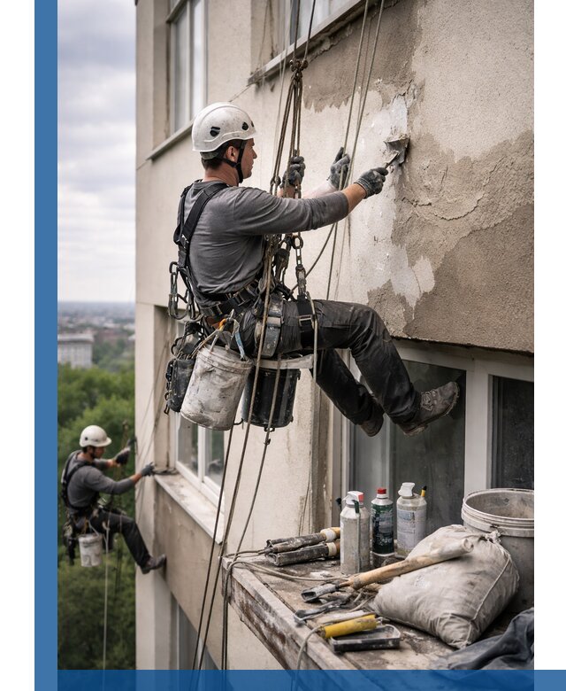 Косметический ремонт фасада зданий в Заинске промышленными альпинистами