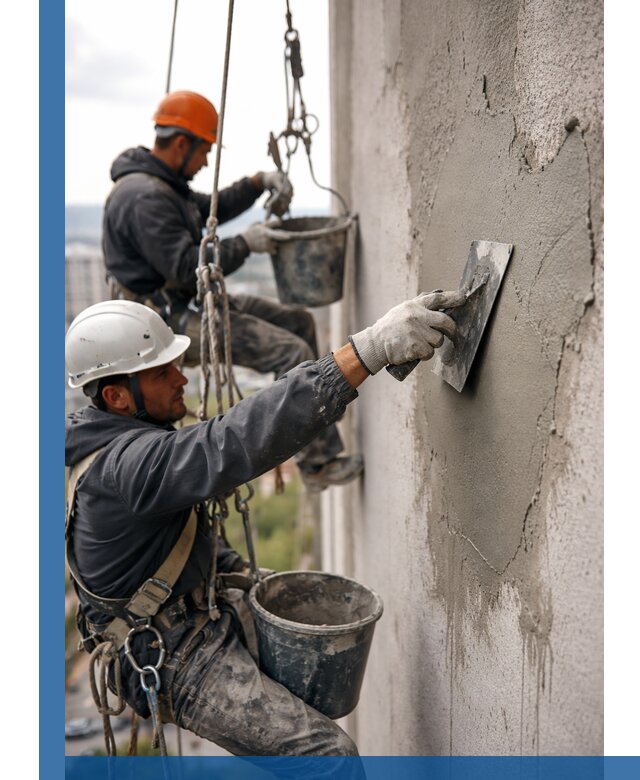 Штукатурка фасада на высоте в Заинске профессиональные работы