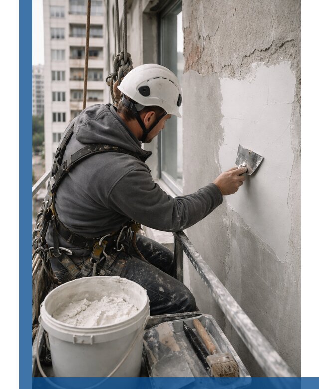 Шпаклевка фасадов на высоте с промальпинистами в Заинске