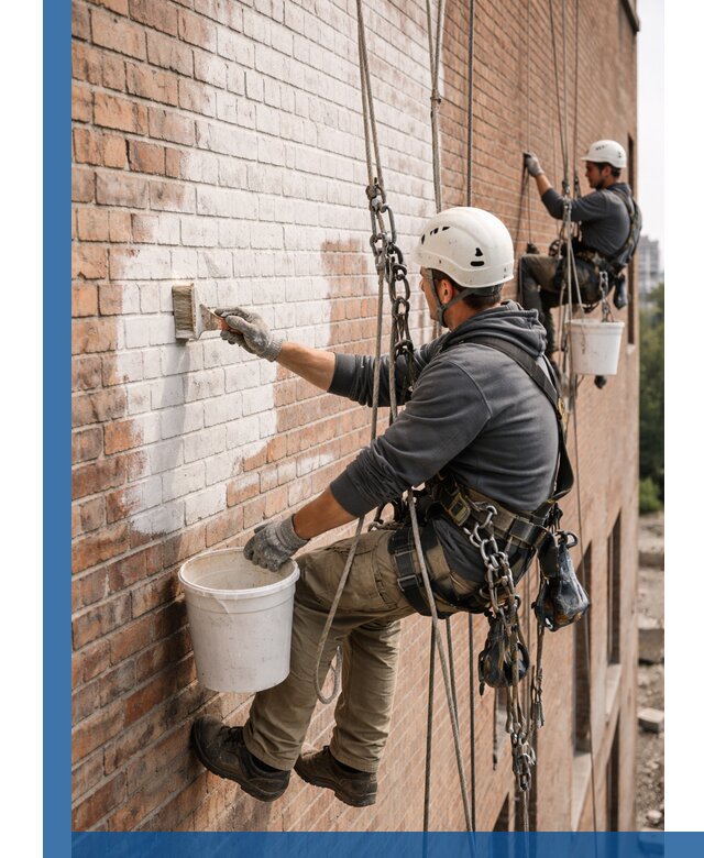 Покраска кирпичного фасада с доступным альпинистским сервисом в Заинске