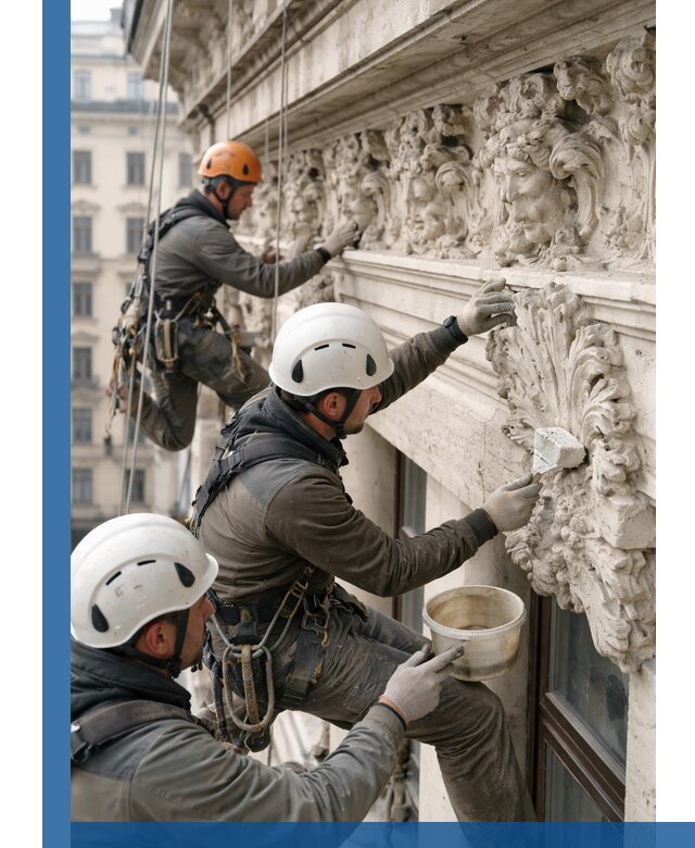 Реставрация фасадной лепнины с высотными работами в Заинске