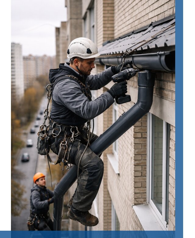 Монтаж водосточной системы на здании в Заинске от 5085 р. | ВЫСОТНИК-Знс