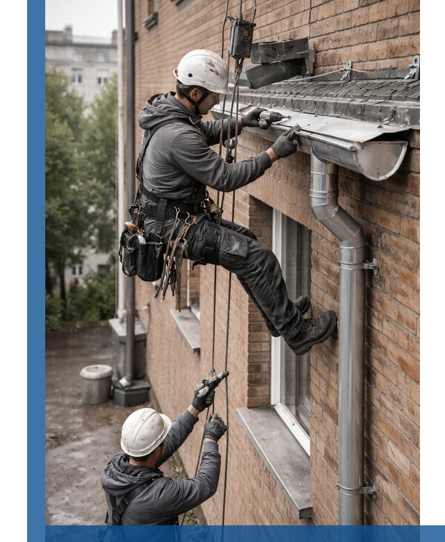 Монтаж водосточной системы на здании в Заинске под ключ