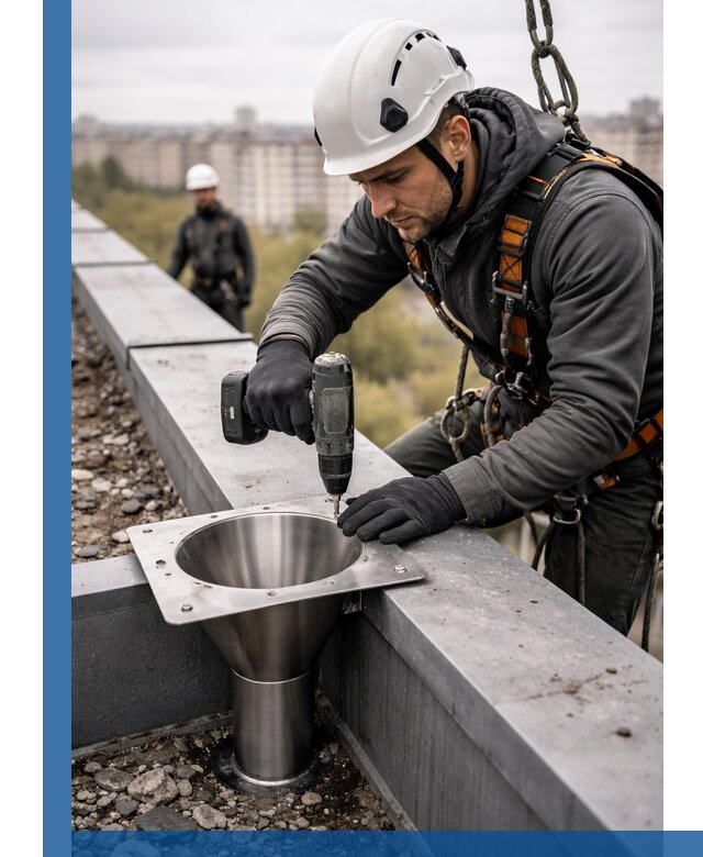 Монтаж водосточных воронок в Заинске для промышленных зданий