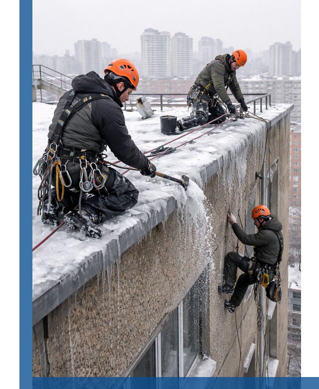 Удаление наледи с кровли в Заинске промышленными альпинистами