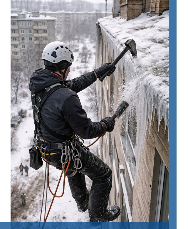 Сбивание сосулек с крыши в Заинске по цене от 4576 р. | ВЫСОТНИК-Знс