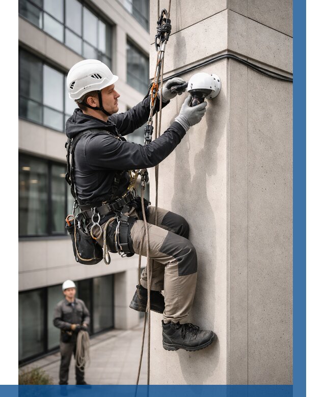 Монтаж камер видеонаблюдения на фасаде в Заинске от 8644 р.-ВЫСОТНИК-Знс