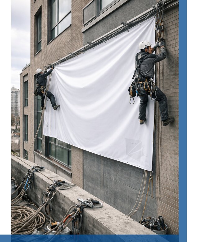 Монтаж баннеров на фасаде в Заинске от 661 р. заказать ВЫСОТНИК-Знс