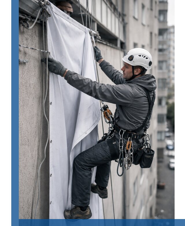Замена баннерного полотна промышленными альпинистами в Заинске