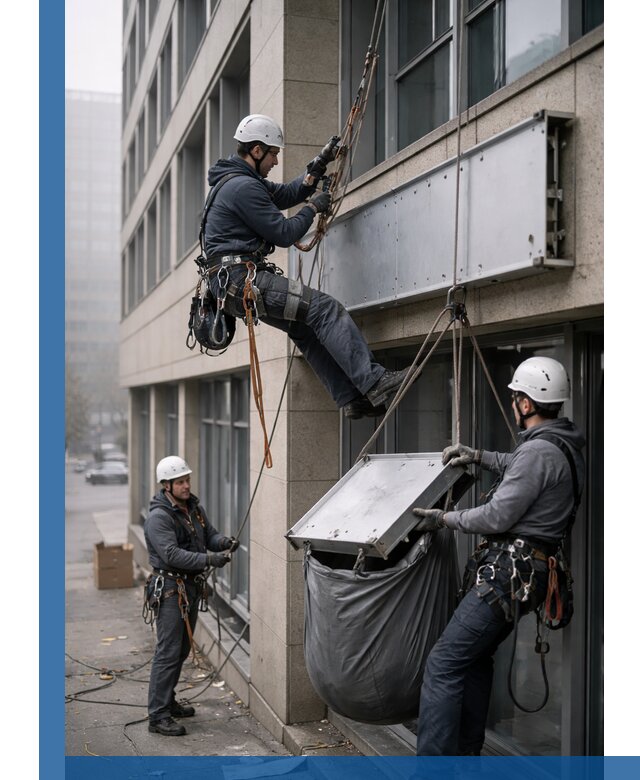 Демонтаж рекламной вывески с высотными работами в Заинске