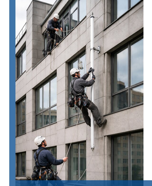 Монтаж флагштока на фасаде здания с креплением и герметикой в Заинске