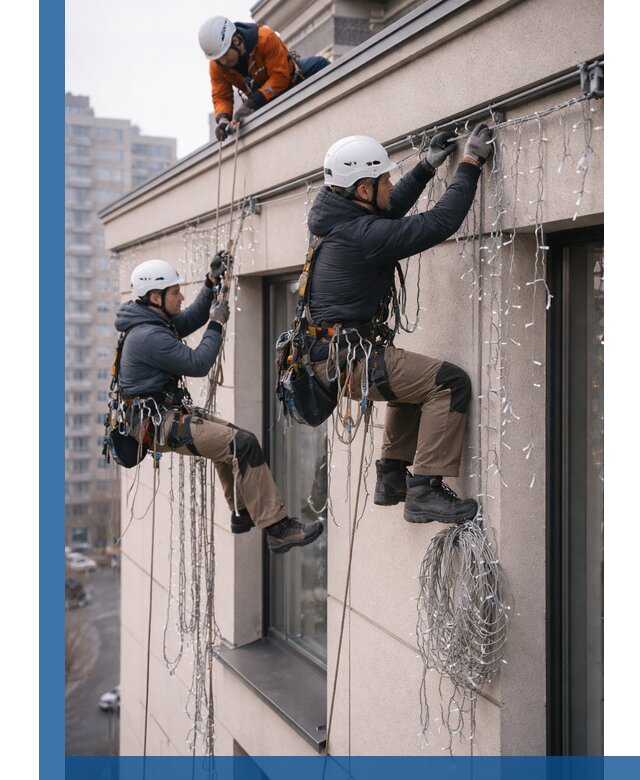 Монтаж праздничных гирлянд на фасаде в Заинске для зданий