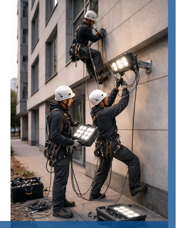 Монтаж прожекторов на фасаде в Заинске от 7627 р. | ВЫСОТНИК-Знс