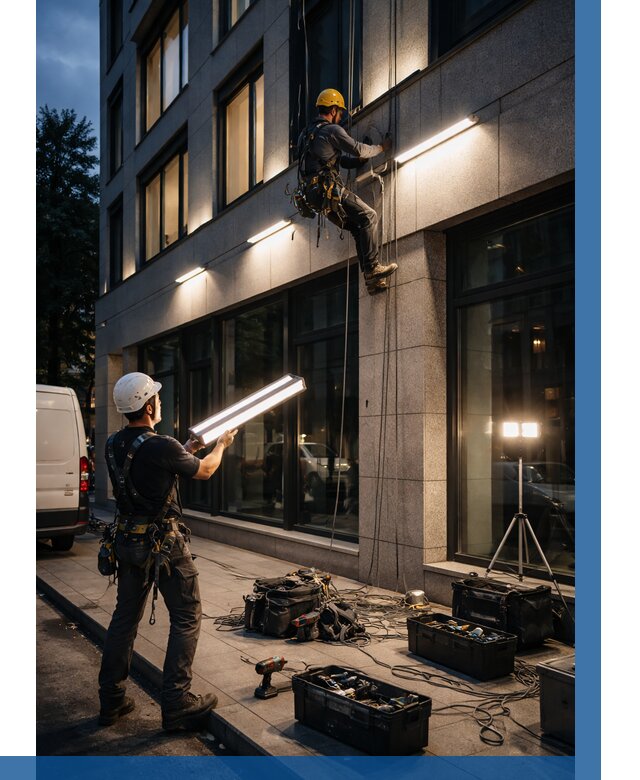 Монтаж архитектурной подсветки здания в Заинске от 2542 р.|ВЫСОТНИК-Знс