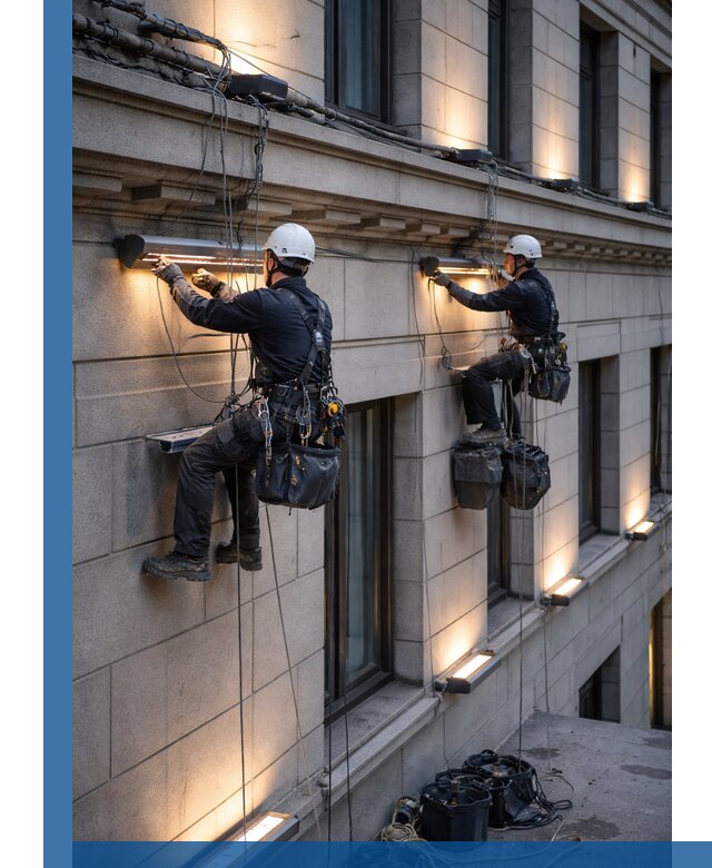 Монтаж архитектурной подсветки фасадов зданий в Заинске