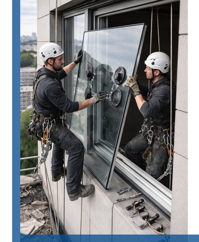 Замена стеклопакетов на высоте с промышленными альпинистами в Заинске
