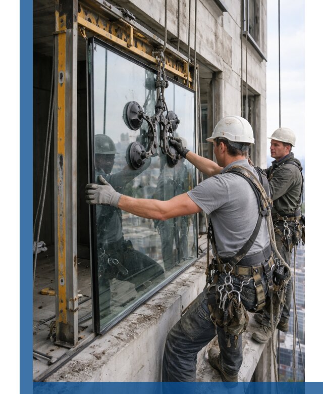 Монтаж стеклопакетов на высоте в Заинске с промышленным альпинизмом
