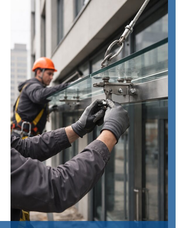 Монтаж стеклянных козырьков в Заинске от 8644 р. | ВЫСОТНИК-Знс