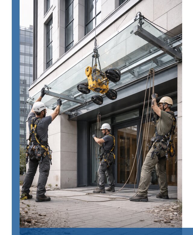 Монтаж стеклянных козырьков под ключ в Заинске для зданий