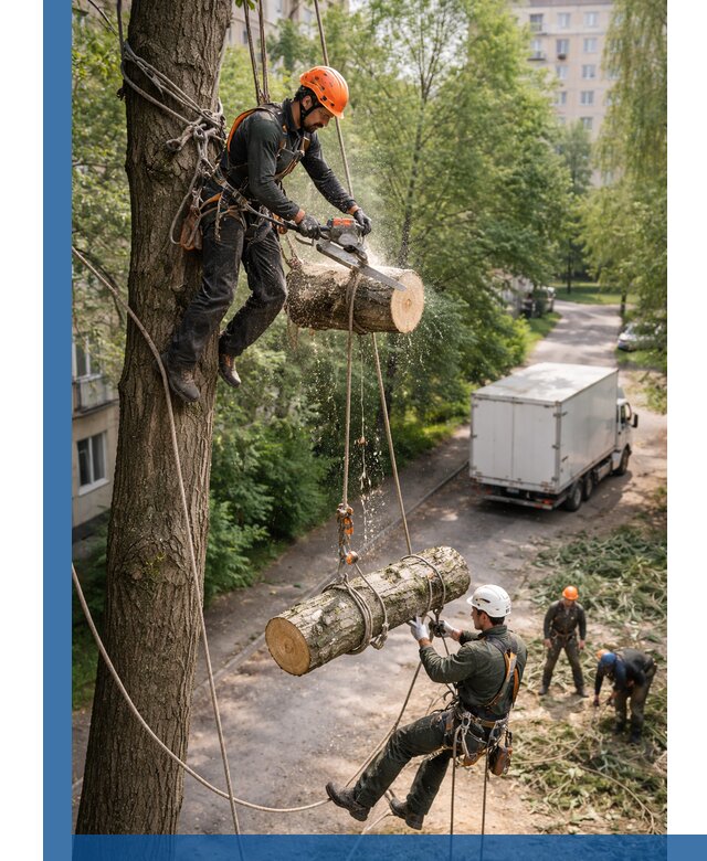 Спил деревьев альпинистами в Заинске, безопасно и без повреждений
