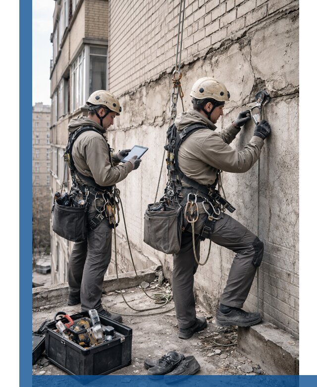 Обследование фасада промышленными альпинистами в Заинске